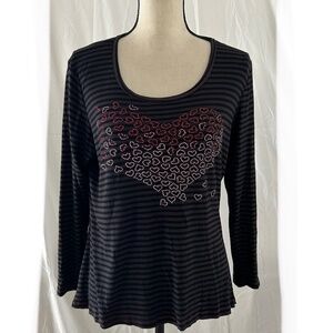 One World Live and Let Live Black/Gray Striped Heart Embellished Top Size XL
